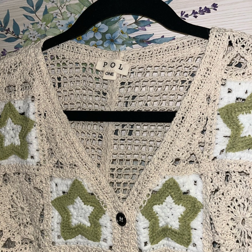 POL Button Up Crochet Star Pattern Top - image 4